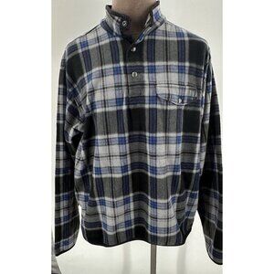 Chaps Fleece Pullover 1/4 Snap Blue Gray Plaid Long Sleeve Pocket XL Warm
